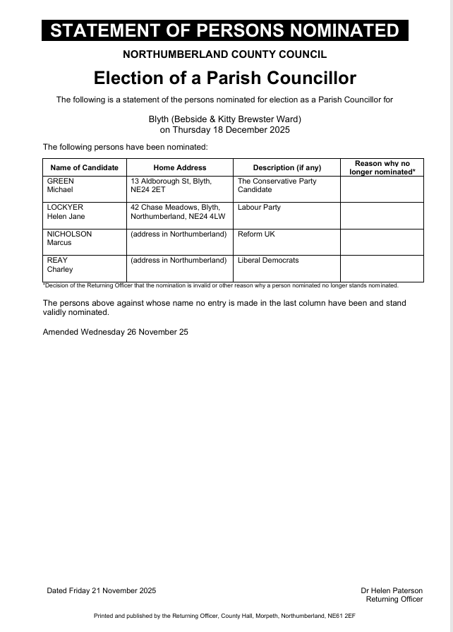 Blyth (Bebside & Kitty Brewster Ward) Town Council Election - Statement of Persons Nominated