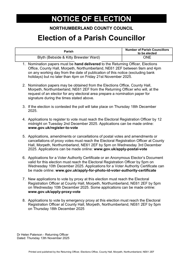 Notice of Election - Bebside and Kitty Brewster Ward