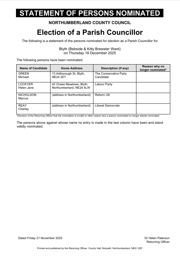 Blyth (Bebside & Kitty Brewster Ward) Town Council Election - Statement of Persons Nominated